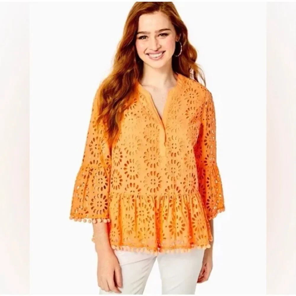 Lilly Pulitzer 100% cotton Bekah Top Shirt Blouse Cantaloupe Pinwheel Eyelet S